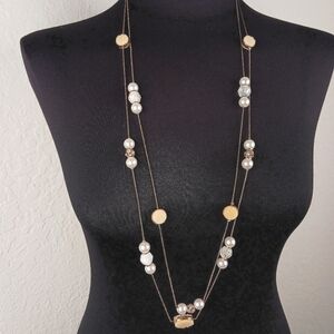 Vintage Long 36" Necklace Gold Copper Tone Double Strand Faux Pearls